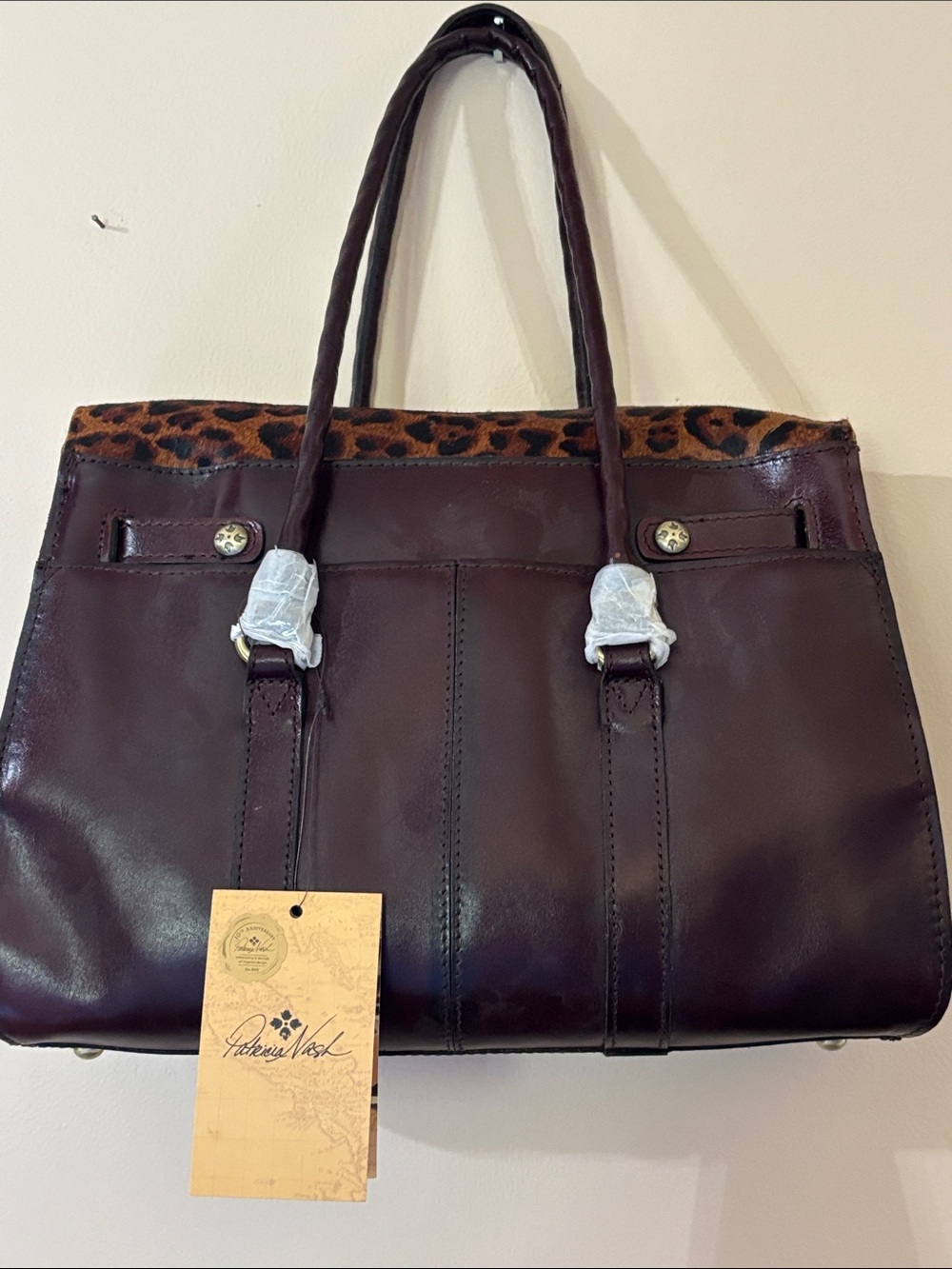Patricia Nash Brown Leather Satchel with Leopard Print Flap and Gold Hardware - Picture 5 of 12
